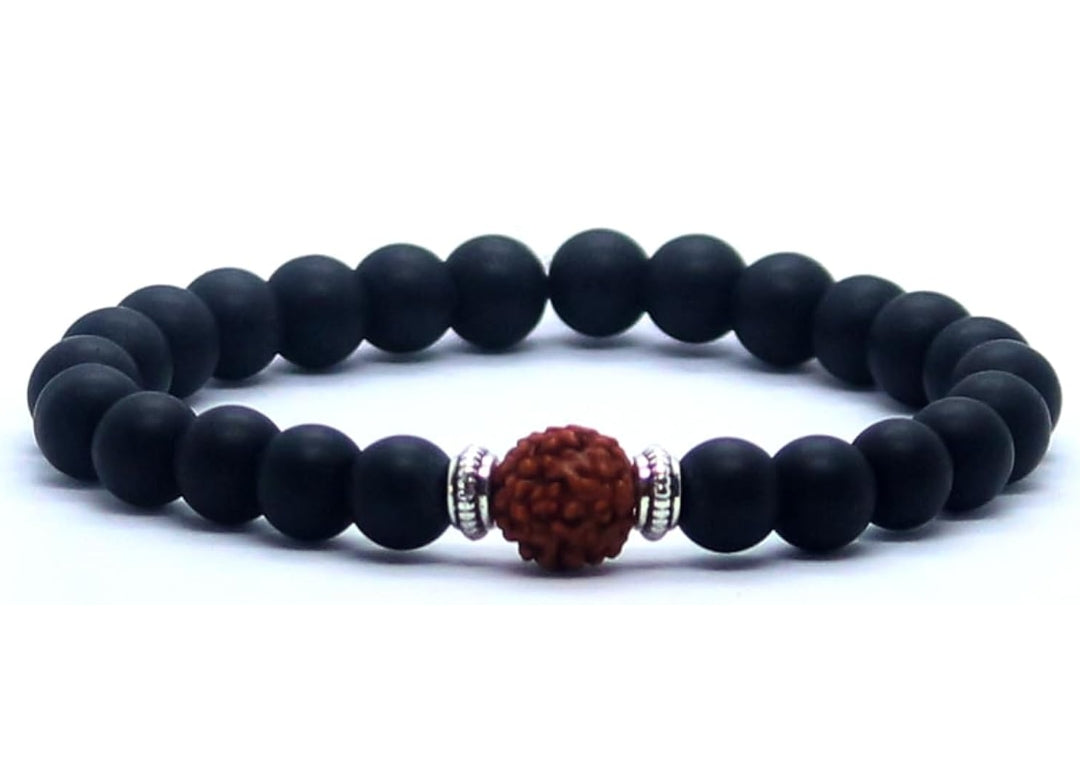 Panchmukhi Rudraksha Bracelet with Matte Black Onyx Crystal Protects Health Brings Positive Energy Meditation Spiritual Gemstone for Men & Women