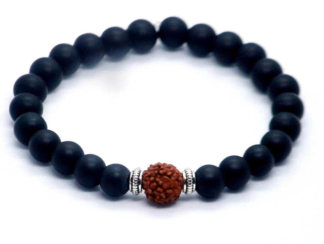 Panchmukhi Rudraksha Bracelet with Matte Black Onyx Crystal Protects Health Brings Positive Energy Meditation Spiritual Gemstone for Men & Women