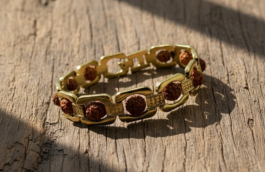 Trinetraksha Unisex Gold Plated Essential Rudraksha Bracelet 8.5 Inches Length With Lap Test certificate and X-ray