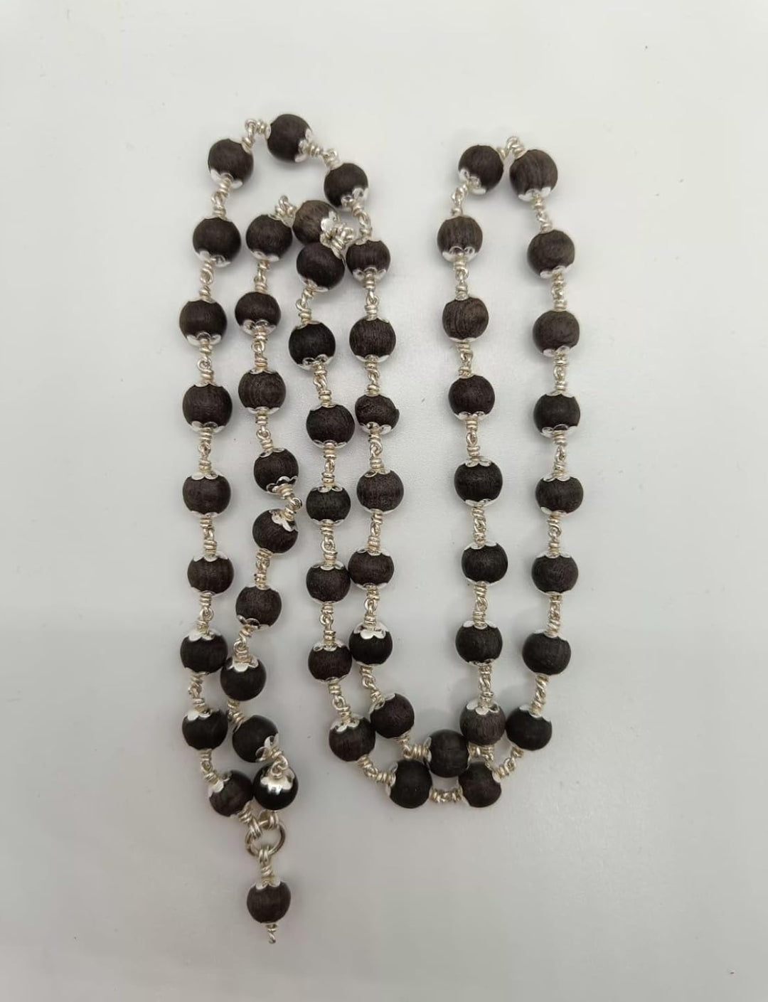 Original 925 Silver Karungali Malai with flower Cap (8MM, 54 Beads, 30 Inches) / Government Lab Certified Malai
