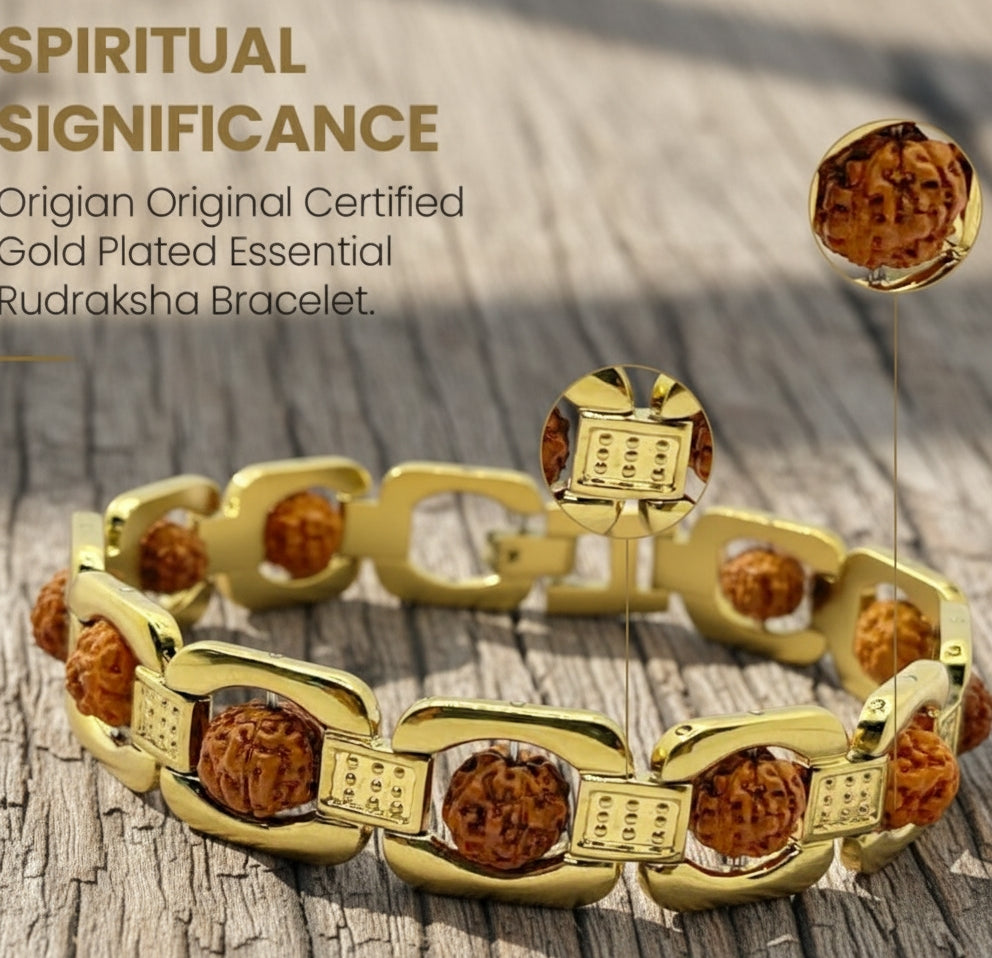 Trinetraksha Unisex Gold Plated Essential Rudraksha Bracelet 8.5 Inches Length With Lap Test certificate and X-ray