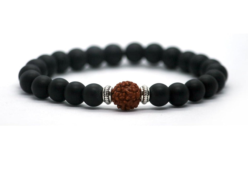 Panchmukhi Rudraksha Bracelet with Matte Black Onyx Crystal Protects Health Brings Positive Energy Meditation Spiritual Gemstone for Men & Women