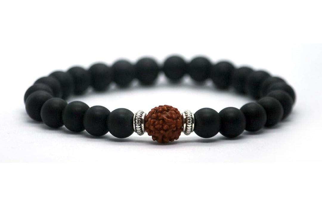 Panchmukhi Rudraksha Bracelet with Matte Black Onyx Crystal Protects Health Brings Positive Energy Meditation Spiritual Gemstone for Men & Women