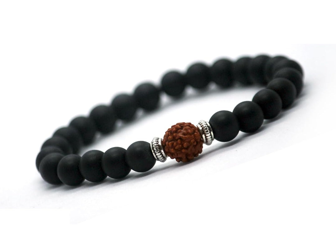 Panchmukhi Rudraksha Bracelet with Matte Black Onyx Crystal Protects Health Brings Positive Energy Meditation Spiritual Gemstone for Men & Women