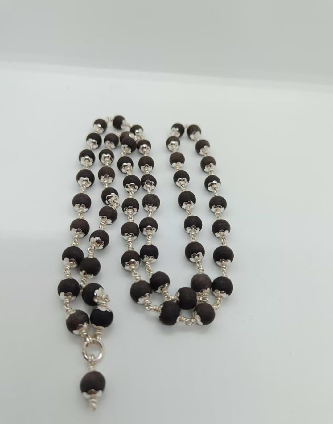 Original 925 Silver Karungali Malai with flower Cap (8MM, 54 Beads, 30 Inches) / Government Lab Certified Malai
