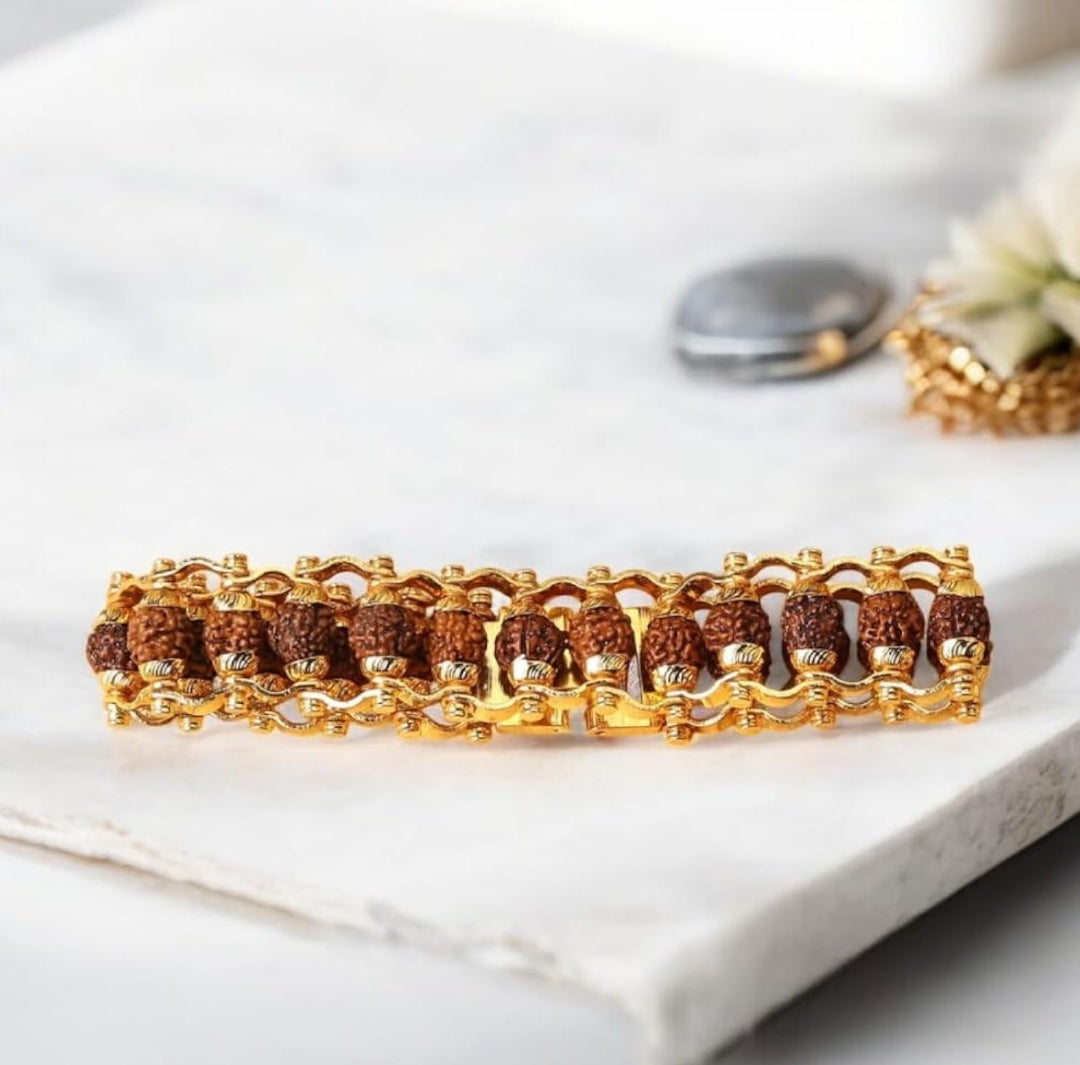 Unisex Gold Plated Rudraksha Bracelet | Stylish Spiritual Accessory | Elegant Wristwear | Natural Beads | Divine Energy | Traditional & Contemporary Design with lap test certificate