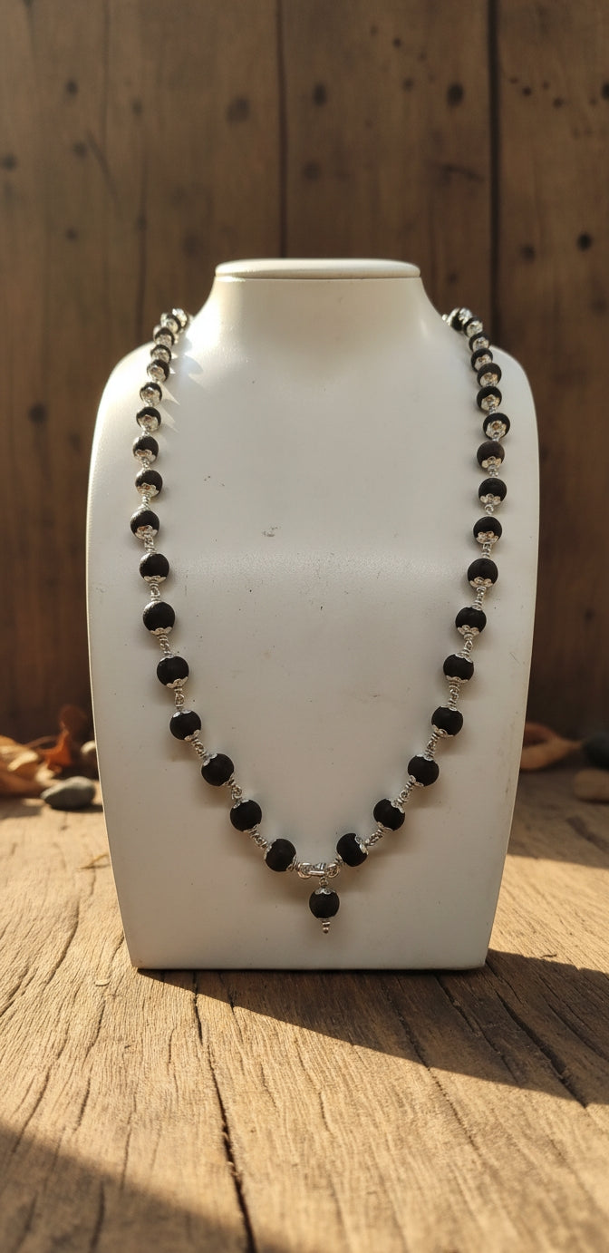 Original 925 Silver Karungali Malai with flower Cap (8MM, 54 Beads, 30 Inches) / Government Lab Certified Malai