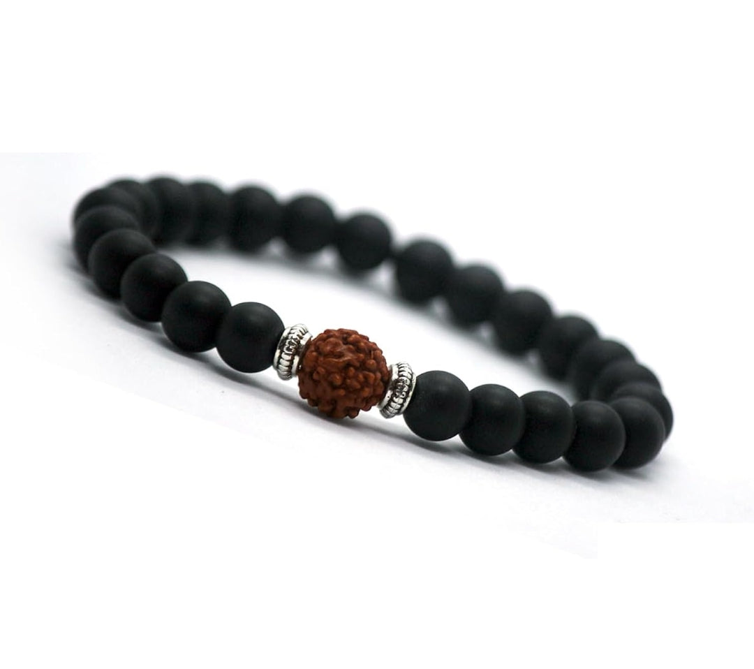 Panchmukhi Rudraksha Bracelet with Matte Black Onyx Crystal Protects Health Brings Positive Energy Meditation Spiritual Gemstone for Men & Women