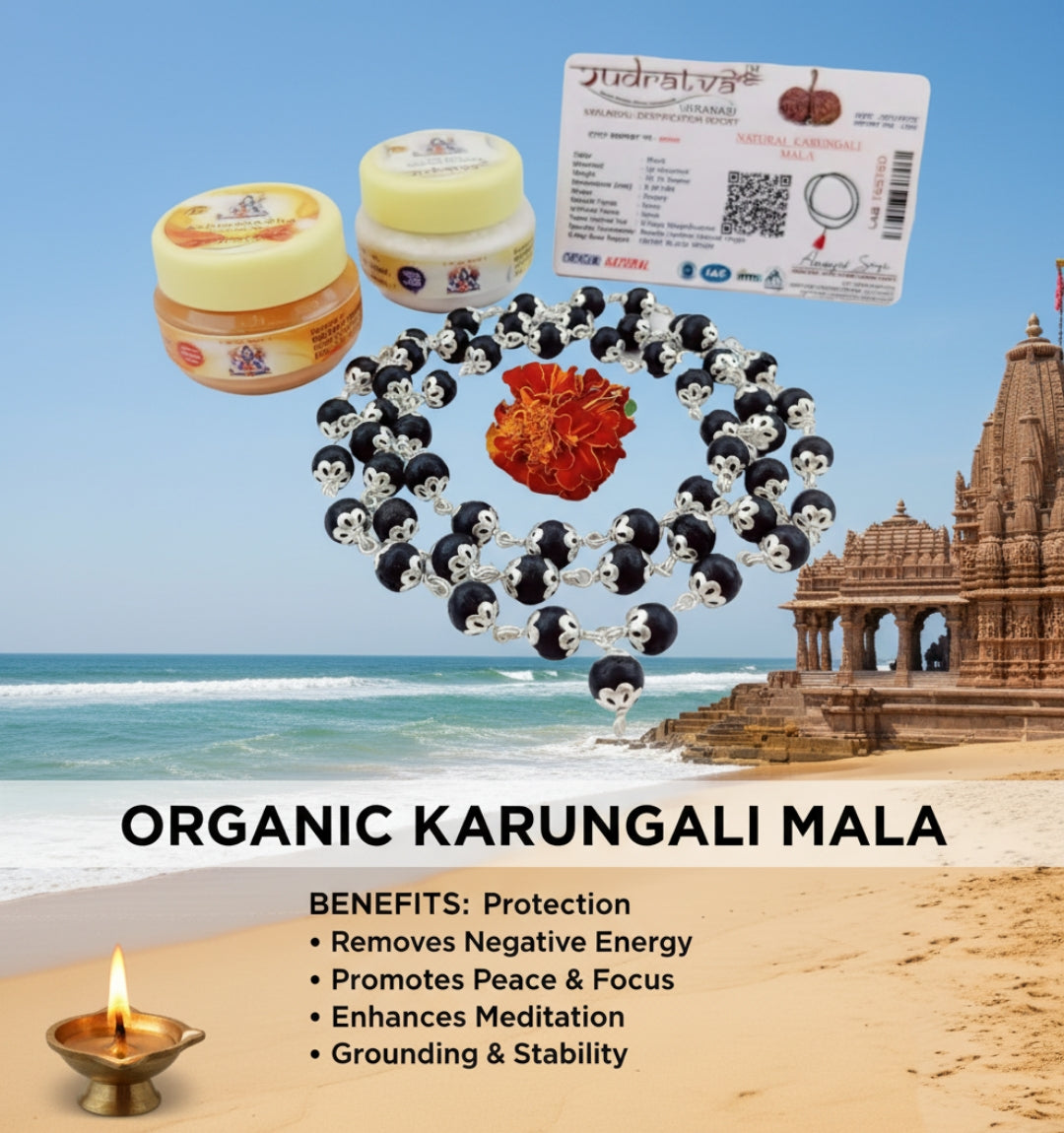 Original 925 Silver Karungali Malai with flower Cap (8MM, 54 Beads, 30 Inches) / Government Lab Certified Malai